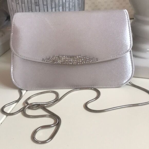ELAN FORMAL RHINESTONE VINTAGE SILVER SATIN MINI BAG PURSE CHAIN WEDDING PARTY - Picture 1 of 8